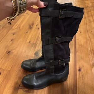 Cole Haan/ Nike Air Black Leather Moto Boots with suede and leather buckles